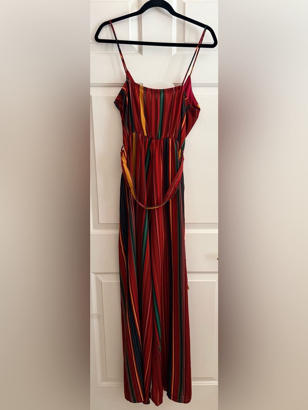 Sleeveless Striped Jumpsuit Elastic Waist Red, Green & Mustard Yellow - Picture 7 of 7